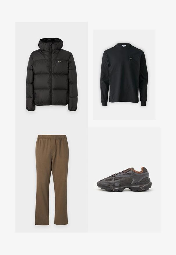 Casaco puffer preto com capuz, apresentando um fecho em zíper, design acolchoado e um pequeno logótipo verde no peito esquerdo. Textura suave e acolchoada.; Camisola preta de manga longa feita de algodão, com decote redondo e um pequeno logótipo de crocodilo bordado em verde no lado esquerdo do peito.; Samsøe Samsøe JABARI - Calças - canteen; Ténis Lacoste em cinza-escuro com material em malha e sintético, apresentando uma sola texturizada e detalhes castanhos na gola e na marca.