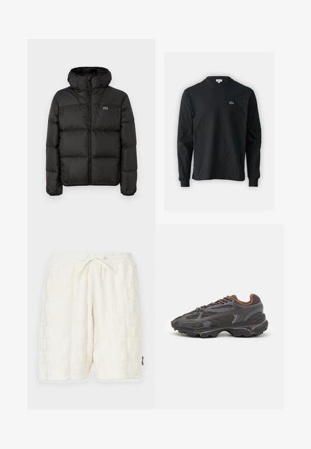 Schwarze Steppjacke mit Kapuze, mit einem Reißverschluss, gestepptem Design und einem kleinen grünen Logo auf der linken Brust. Glatte, gepolsterte Textur.; Schwarzes Langarm-T-Shirt aus Baumwolle, mit Rundhalsausschnitt und einem kleinen grünen, gestickten Krokodil-Logo auf der linken Brust.; Weiße, strukturierte Shorts mit einem geprägten Muster. Elastischer Bund mit Kordelzug. Seitliche Taschen und kontrastierender Saum.; Lacoste Sneaker in Dunkelgrau aus Mesh und Synthetikmaterial, mit einer strukturierten Sohle und braunen Akzenten am Kragen und Logo.