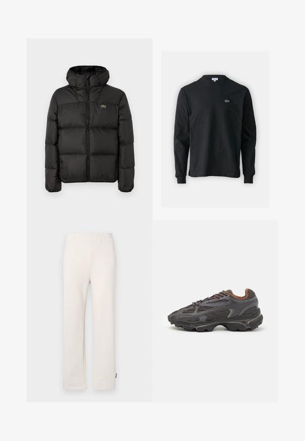 Crna puffer jakna s kapuljačom, sa zatvaranjem na zip, kviltanim dizajnom i malim zelenim logom na lijevoj strani prsnog koša. Glatka, podstavljena tekstura.; Crna majica dugih rukava od pamuka, s okruglim izrezom i malim zelenim izvezenim logotipom krokodila s lijeve strane prsnog dijela.; Bež pamućne dukserice s elastičnim pojasom i izvezenim logotipom. Ravan kroj s glatkom teksturom i suptilnim detaljima šivanja.; Lacoste tenisice u tamno sivoj boji s mrežastim i sintetičkim materijalom, s teksturiranom potplatom i smešnim akcentima na ovratniku i brandiranju.