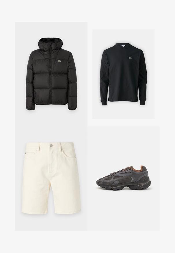 Čierna páperová bunda s kapucňou, s predným zipsom, prešívaným dizajnom a malým zeleným logom na ľavom prsníku. Hladká, podšitá textúra.; Čierne tričko s dlhým rukávom vyrobené z bavlny, s okrúhlym výstrihom a malým zeleným vyšívaným logom krokodíla na ľavej hrudi.; Svetlo béžové denimmové šortky s klasickým strihom, obsahujúce predné vrecká, pútka na opasok a zapínanie na gombík. Hladká textúra s jednofarebným dizajnom.; Lacoste tenisky v tmavo sivej farbe z nylonu a syntetického materiálu, s textúrovanou podrážkou a hnedými akcentami na golieri a brandingu.