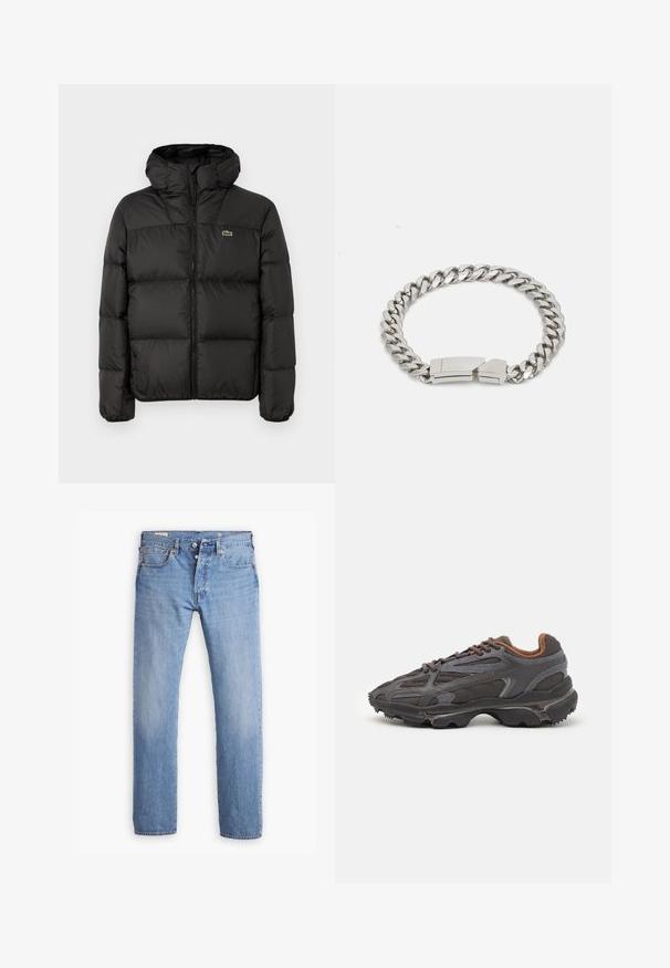 Juodas pūkinis džemperis su kapišonu, su užtrauktuku, siuvinėtas dizainas ir mažas žalias logotipas kairėje krūtinės pusėje. Sklandus, paminkštintas paviršius.; Juodas ilgomis rankovėmis marškinėliai iš medvilnės, turintys apvalią iškirptę ir mažą žalią išsiuvinėtą krokodilo logotipą kairėje krūtinės pusėje.; Levi's® 501 ORIGINAL - Tiesaus kirpimo džinsai - smooth cruise cool; Lacoste sportbačiai tamsiai pilki, pagaminti iš tinklinės ir sintetinių medžiagų, su tekstūruotu padu ir rudomis detalėmis ant apykaklės bei prekės ženklo.; Calvin Klein ELECTRIC - Apyrankė - silver-coloured