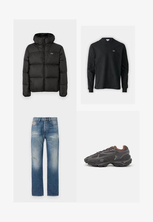 Juodas pūkinis džemperis su kapišonu, su užtrauktuku, siuvinėtas dizainas ir mažas žalias logotipas kairėje krūtinės pusėje. Sklandus, paminkštintas paviršius.; Juodas ilgomis rankovėmis marškinėliai iš medvilnės, turintys apvalią iškirptę ir mažą žalią išsiuvinėtą krokodilo logotipą kairėje krūtinės pusėje.; Šviesiai mėlyni džinsai su tiesiu kirpimu, turintys nusidėvėjusių vietų ir išblukimo efektą. Standartinis penkių kišenių dizainas su mygtukų uždarymu.; Lacoste sportbačiai tamsiai pilki, pagaminti iš tinklinės ir sintetinių medžiagų, su tekstūruotu padu ir rudomis detalėmis ant apykaklės bei prekės ženklo.