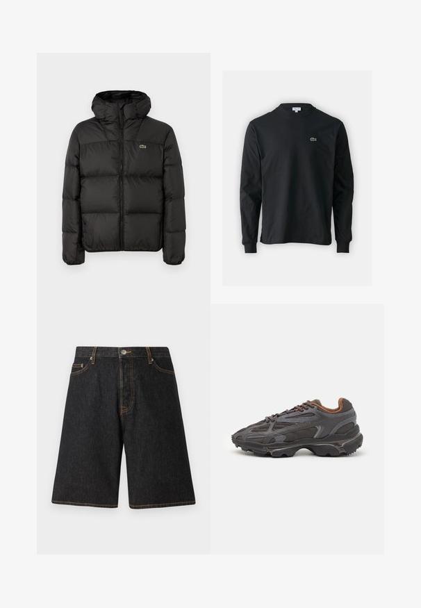 Zwarte gewatteerde jas met een capuchon, voorzien van een ritssluiting, doorgestikte ontwerp en een klein groen logo op de linkerborst. Soepele, gewatteerde textuur.; Zwarte longsleeve t-shirt van katoen, met een ronde halslijn en een klein groen geborduurd krokodillenlogo op de linkerborst.; Zwarte denim shorts met een rechte pijp, voorzien van oranje stiksels, vijf zakken en een metalen knoopsluiting bij de tailleband.; Lacoste sneakers in donkergrijs van mesh en synthetisch materiaal, met een gestructureerde zool en bruine accenten op de kraag en branding.