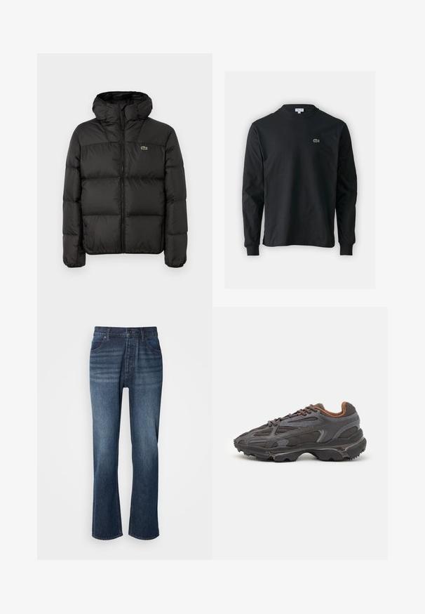Juodas pūkinis džemperis su kapišonu, su užtrauktuku, siuvinėtas dizainas ir mažas žalias logotipas kairėje krūtinės pusėje. Sklandus, paminkštintas paviršius.; Juodas ilgomis rankovėmis marškinėliai iš medvilnės, turintys apvalią iškirptę ir mažą žalią išsiuvinėtą krokodilo logotipą kairėje krūtinės pusėje.; Džinsinės kelnės su tiesia kojų forma, vidutinio plovimo, penkių kišenių stiliaus ir mygtukų uždarymu. Audinys turi lygų tekstūrą su lengvu išblukimu.; Lacoste sportbačiai tamsiai pilki, pagaminti iš tinklinės ir sintetinių medžiagų, su tekstūruotu padu ir rudomis detalėmis ant apykaklės bei prekės ženklo.