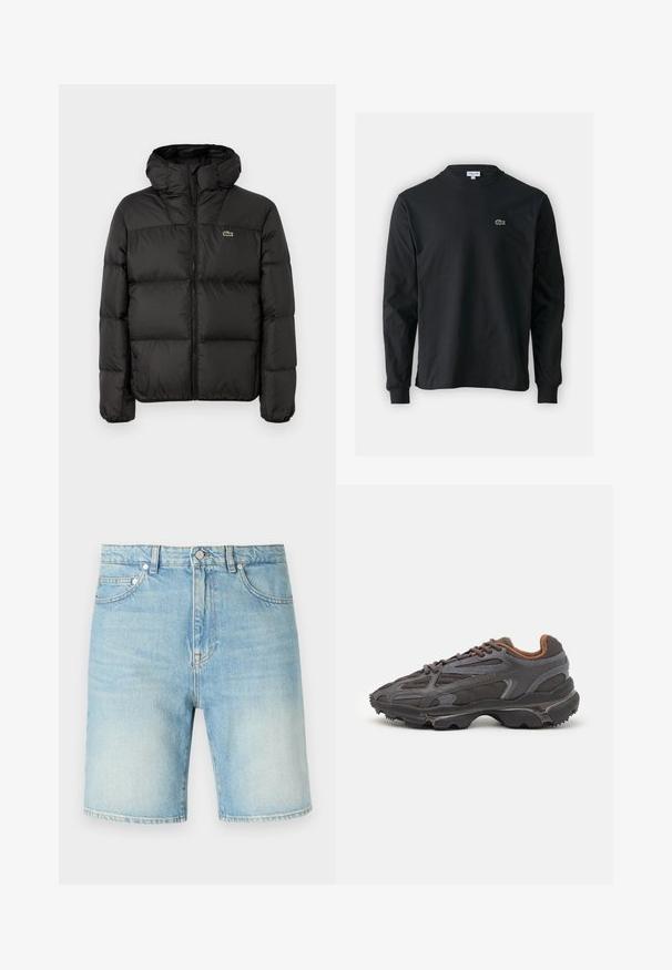 Crna puffer jakna s kapuljačom, sa zatvaranjem na zip, kviltanim dizajnom i malim zelenim logom na lijevoj strani prsnog koša. Glatka, podstavljena tekstura.; Crna majica dugih rukava od pamuka, s okruglim izrezom i malim zelenim izvezenim logotipom krokodila s lijeve strane prsnog dijela.; Svijetloplave traper kratke hlače s klasičnim dizajnom pet džepova, kopčom na dugme i blago pohabanim izgledom tkanine.; Lacoste tenisice u tamno sivoj boji s mrežastim i sintetičkim materijalom, s teksturiranom potplatom i smešnim akcentima na ovratniku i brandiranju.