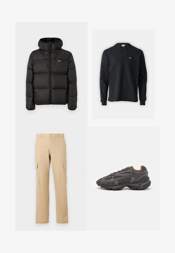 Mustapuffatakki hupulla, jossa on vetoketjusuljenta, quiltattu muotoilu ja pieni vihreä logo vasemmassa rinnassa. Luistava, pehmustettu pinta.; Musta pitkähiha t-paita, joka on valmistettu puuvillasta. Paita on varustettu pyöreällä kaula-aukolla ja vasemmassa rinnassa on pieni vihreä brodeerattu krokotiililogo.; Beige kangashousut, jotka on valmistettu puuvillasta ja joissa on suora leikkaus. Sivutaskut ja nappisuljenta vyötäröllä. Suora pinta, ei kuvioita.; Lacoste-tennar i mörkgrått med nät- och syntetmaterial, med en texturerad sula och bruna accenter på kragen och märket.