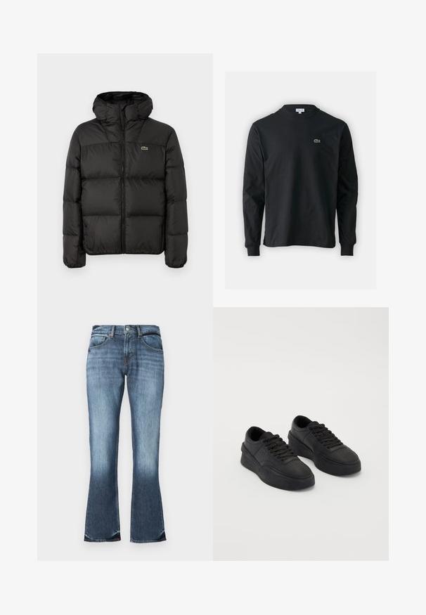 Casaco puffer preto com capuz, apresentando um fecho em zíper, design acolchoado e um pequeno logótipo verde no peito esquerdo. Textura suave e acolchoada.; Camisola preta de manga longa feita de algodão, com decote redondo e um pequeno logótipo de crocodilo bordado em verde no lado esquerdo do peito.; Calças de ganga azul com corte evasé, cintura média, design de cinco bolsos e desvanecimentos subtis para um aspeto desgastado. Textura suave em todo o lado.; Sapatilhas pretas feitas de couro liso com sola acolchoada. As características incluem atacadores planos, perfurações na biqueira e um silhueta elegante.