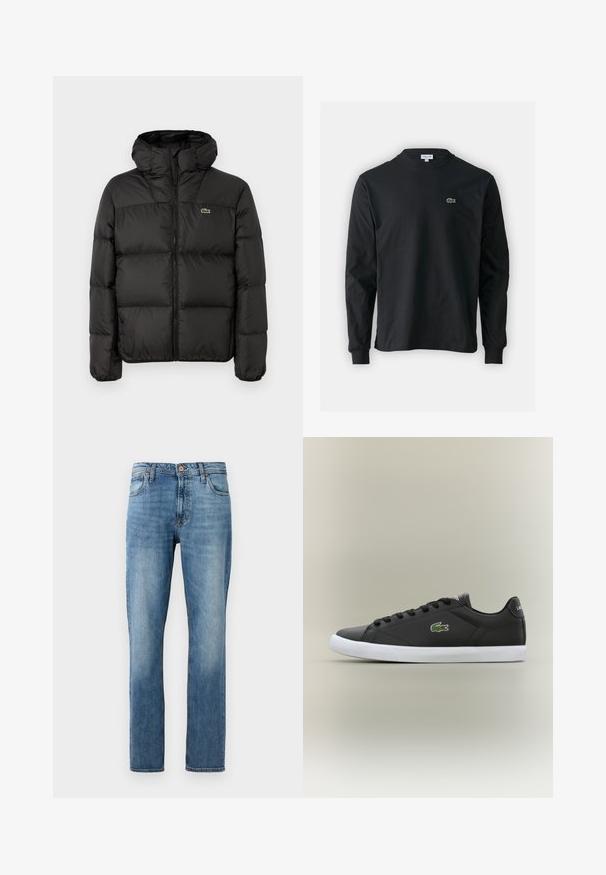Fekete puffermellény kapucnival, zipzáras záródással, steppelt dizájnnal, és egy kis zöld logóval a bal mellen. Simább, párnázott textúra.; Fekete hosszú ujjú pamut póló, kerek nyakkivágással, bal mellen egy kis zöld hímzett krokodil logóval.; Kék egyenes szabású farmernadrág, öt zsebbel, gombos és cipzáras záródással, sima fehér háttér előtt bemutatva.; Fekete bőr sportcipők fehér gumitalppal, zöld krokodil logóval és kerek fűzőkkel, elegáns dizájn sima felülettel.