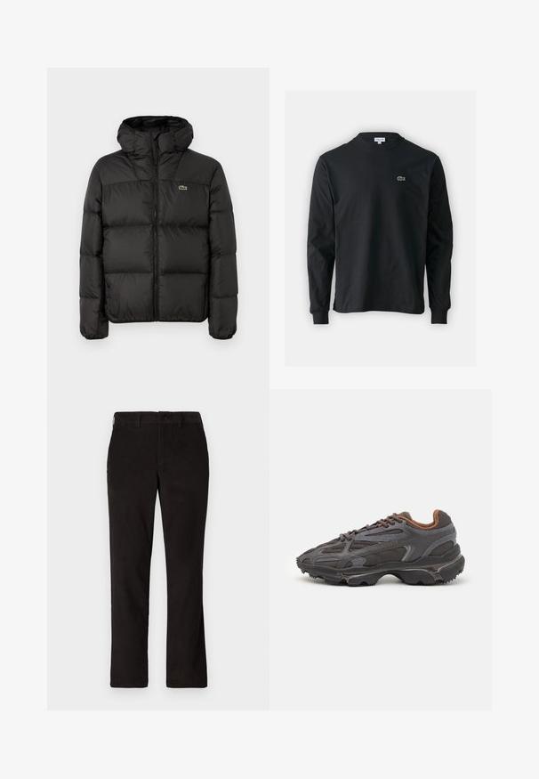 Schwarze Steppjacke mit Kapuze, mit einem Reißverschluss, gestepptem Design und einem kleinen grünen Logo auf der linken Brust. Glatte, gepolsterte Textur.; Schwarzes Langarm-T-Shirt aus Baumwolle, mit Rundhalsausschnitt und einem kleinen grünen, gestickten Krokodil-Logo auf der linken Brust.; Schwarze Cordhosen mit geradem Bein, ausgestattet mit einem Knopfverschluss und zwei Fronttaschen. Weicher Stoff mit einer dezenten gerippten Textur.; Lacoste Sneaker in Dunkelgrau aus Mesh und Synthetikmaterial, mit einer strukturierten Sohle und braunen Akzenten am Kragen und Logo.