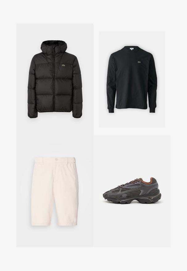 Giacca a vento nera con cappuccio, dotata di chiusura con zip, design trapuntato e un piccolo logo verde sul lato sinistro del petto. Texture liscia e imbottita.; T-shirt a maniche lunghe nera in cotone, con scollatura rotonda e un piccolo logo di coccodrillo ricamato in verde sul lato sinistro del petto.; Pantaloni corti beige realizzati in tessuto leggero con chiusura a bottoni, vita elasticizzata, tasche laterali e un taglio fino al ginocchio.; Sneaker Lacoste grigie scure in materiale mesh e sintetico, con suola testurizzata e dettagli marroni sul colletto e sul branding.
