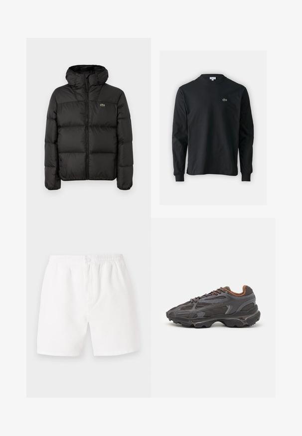 Zwarte gewatteerde jas met een capuchon, voorzien van een ritssluiting, doorgestikte ontwerp en een klein groen logo op de linkerborst. Soepele, gewatteerde textuur.; Zwarte longsleeve t-shirt van katoen, met een ronde halslijn en een klein groen geborduurd krokodillenlogo op de linkerborst.; Witte, gestructureerde shorts met een elastische tailleband en knoopsluiting. Heeft een losse pasvorm en een lengte tot halverwege de dij, geschikt voor casual draagstijl.; Lacoste sneakers in donkergrijs van mesh en synthetisch materiaal, met een gestructureerde zool en bruine accenten op de kraag en branding.