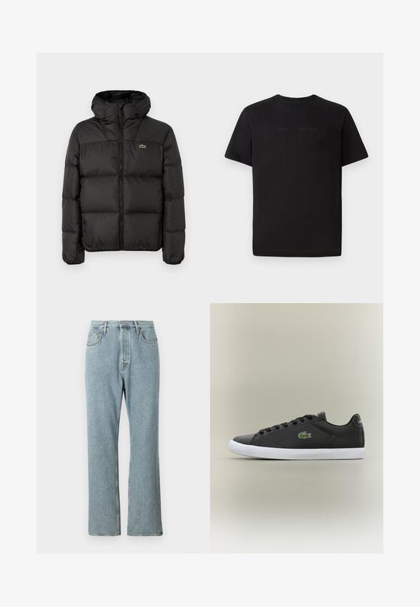 Crna puffer jakna s kapuljačom, sa zatvaranjem na zip, kviltanim dizajnom i malim zelenim logom na lijevoj strani prsnog koša. Glatka, podstavljena tekstura.; Lacoste Osnovna majica kratkih rukava - black; Svijetloplave traperice s visokim strukom, širokim ravnim nogavicama i jednostavnim šavovima. Imaju pet džepova i klasično kopčanje na gumb.; Crne kožne tenisice s bijelim gumenim potplatom, s zelenim krokodilom kao logotipom i okruglim vezicama, elegantnog dizajna s glatkom teksturom.