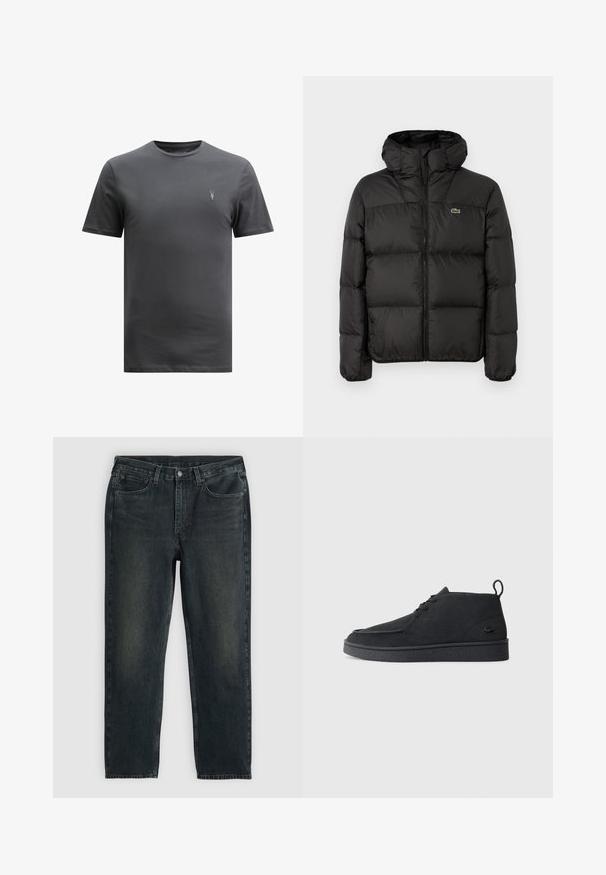 Črna puhovka s kapuco, z zadrgo, prešito zasnovo ter majhnim zelenim logotipom na levem prsnem delu. Gladka, oblazinjena tekstura.; AllSaints BRACE CREW - Navadna majica - CARTER GREY; Temno modri traper hlače z ravnim krojem, opremljene s petimi žepi, zadrgo in kontrastnim šivom. Nežna bledica na tkanini.; Črni nubuk gležnjarji z vezalkami in zanko za poteg, z teksturiranim podplatom ter majhnim embosiranim krokodilovim logotipom na strani.
