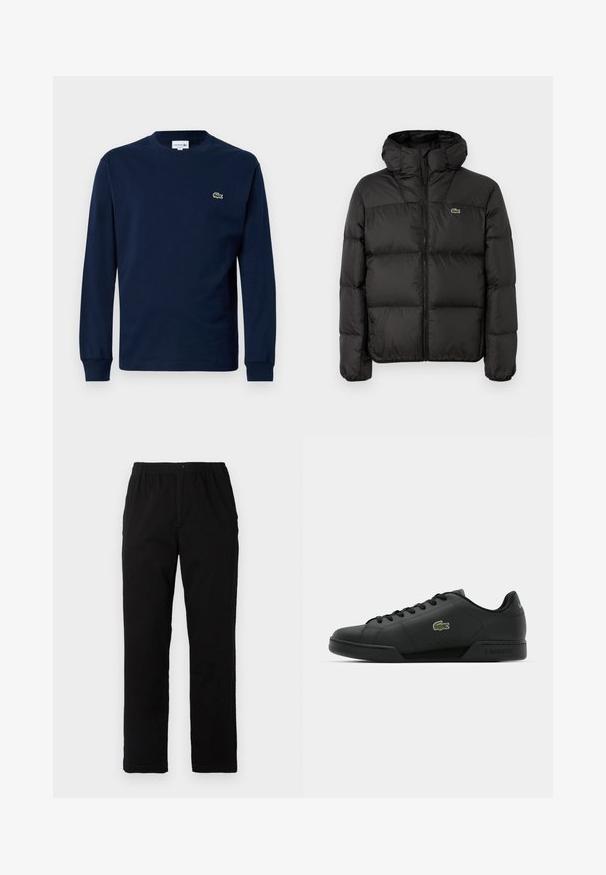 Casaco puffer preto com capuz, apresentando um fecho em zíper, design acolchoado e um pequeno logótipo verde no peito esquerdo. Textura suave e acolchoada.; T-shirt de manga longa azul-marinho feito de algodão, com decote redondo e um pequeno logotipo de crocodilo verde no lado esquerdo do peito.; Calças pretas feitas de um tecido de algodão misto, com corte reto, cintura elástica com botão e sem padrões ou detalhes visíveis.; Sapatilha preta feita de pele lisa com bico redondo, fechamento em atacadores e logótipo de crocodilo verde bordado na lateral. Sola de borracha.