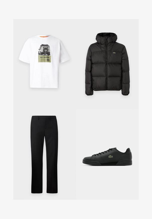 Must must jääpükste jakk kapuutsiga, millel on tõmblukk, tikandiga disain ja väike roheline logo vasakul rinnakorvil. Sile ja polsterdatud tekstuur.; Valge puuvillane t-särk, millel on sõiduki graafika ja tekst "ALL-TERRAIN" rohelises värvitoonis, musta ja valge disainiga. Oranž sisekrae.; Mustad püksid sirge säärega, valmistatud siledast kangast. Omadusteks on tasane esipind ja keskmise kõrgusega vööpais.; Mustad mustad kets, mis on valmistatud siledast nahast, ümmarguse ninaga, stringidega ja külgedel brodeeritud rohelise krokodillilogo'ga. Kummernõel.