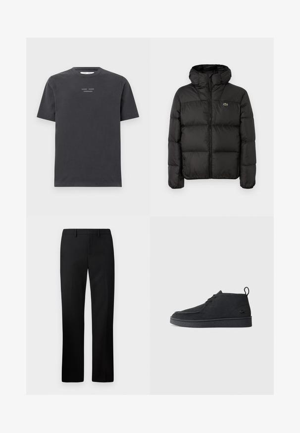 Zwarte gewatteerde jas met een capuchon, voorzien van een ritssluiting, doorgestikte ontwerp en een klein groen logo op de linkerborst. Soepele, gewatteerde textuur.; Donkergrijze katoenen t-shirt met korte mouwen en een ronde hals, met op de borst witte geborduurde tekst "SAMSØE SAMSØE COPENHAGEN".; Zwarte op maat gemaakte broek met een rechte pijpdesign, gemaakt van gladde stof. Kenmerken zijn onder andere een platte voorkant en een middelhoge tailleband.; Zwarte suède veterschoenen tot de enkel met een trekband en een gestructureerde zool, met een klein reliëf krokodillenlogo aan de zijkant.