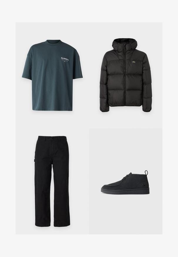 Schwarze Steppjacke mit Kapuze, mit einem Reißverschluss, gestepptem Design und einem kleinen grünen Logo auf der linken Brust. Glatte, gepolsterte Textur.; AllSaints UNDERGROUND CREW - T-Shirt print - universe blue; Schwarze Baumwoll-Cargohosen mit geradem Bein, ausgestattet mit Seitentaschen und einem vorderen Knopfverschluss. Langlebiger Stoff mit einer glatten Textur.; Schwarze Wildleder Schnürstiefelette mit Zuglasche und strukturiertem Boden, ausgestattet mit kleinem eingeprägtem Krokodil-Logo an der Seite.