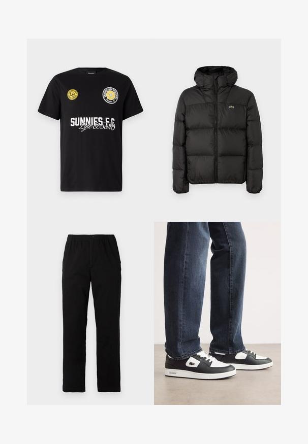 Melnā pūkainā jaka ar kapuci, ar rāvējslēdzēju, kviltotā dizainā un nelielu zaļu logotipu kreisajā krūšu pusē. Gluda, polsterēta tekstūra.; Melns kokvilnas T-krekls ar diviem apļa logo uz krūtīm. "Sunnies FC" ir drukāti treknos balto burtiem ar rakstaina akcents zemāk.; Melnas bikses no kokvilnas maisījuma auduma, ar taisnu griezumu, elastīgu jostasvietu ar pogu un bez redzamām rakstu vai akcentiem.; Melnbalti Lacoste sporta apavi ar teksturētu ādas augšdaļu, ar saistēm un baltu gumijas zoli. Nēsāti ar tumšām džinsām.