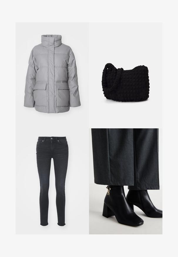 Svetlosivá puffová bunda s vysokým golierom, predným zipsom a dvoma veľkými vonkajšími vreckami. Hladká textúra s horizontálnymi švovými detailmi.; Čierny dlhý rukáv body s vysokým golierom, s pevným látkovým trupom a priehľadnými sieťovinovými rukávmi, navrhnuté v priliehavom strihu.; Čierne džíny Skinny s stredne vysokým pásom, piatimi vreckami a roztrhnutým okrajom. Tkanina má hladkú textúru s miernym elastickým efektom.; Čierne kožené členkové topánky so štvorcovou špičkou a blokovým opätkom. Majú zlatý detail s logom na pase. Skombinované so sivými nohavicami so širokými nohavicami.; Čierna látková taška s textúrovaným, prešívaným vzorom. Zaoblený tvar, krátke, hrubé rúčky a mäkká, flexibilná konštrukcia.; Strieborné kruhové náušnice s hladkým, lesklým povrchom. Kolový tvar a bezpečné klikanie na uzatváranie. Ľahký dizajn vhodný na každodenné nosenie.
