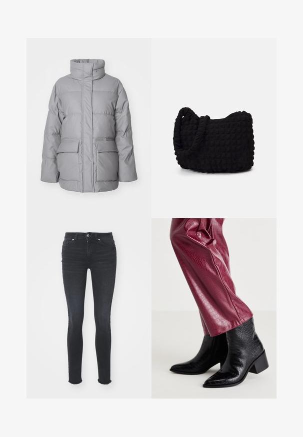 Vaaleanharmaa untuvatakki, jossa on korkea kaulus, edessä vetoketju ja kaksi suurta ulkotaskua. Sileä pinta, jossa on vaakasuoria ommelkuvioita.; Musta pitkähihainen bodysuit, jossa on korkea kaula-aukko, kiinteä kangas vartalolla ja läpinäkyvät verkohihat, muotoiltu tiukaksi.; Mustat denimit ohuet housut, joissa on keskikorkea vyötärö, viisi taskua ja revitty helma. Kangas on sileä ja hieman joustava.; Musta tekstuurinen nahkasaapas nilkkapituisilla, teräväkärkisillä ja matalalla lohkokannalla, yhdistettynä tiukkoihin burgundin värisiin tekonahkahousuihin, joissa on krokotiilikuosi.; Musta kangaspussi, jossa on teksturoitu, tikkikuvio. Pyöreä muoto, lyhyet, paksut kahvat ja pehmeä, joustava rakenne.; Hope-silver rengas, joissa on sileä ja kiillotettu pinta. Pyöreä muoto ja turvallinen napsautettava lukitus. Kevyt muotoilu sopii päivittäiseen käyttöön.