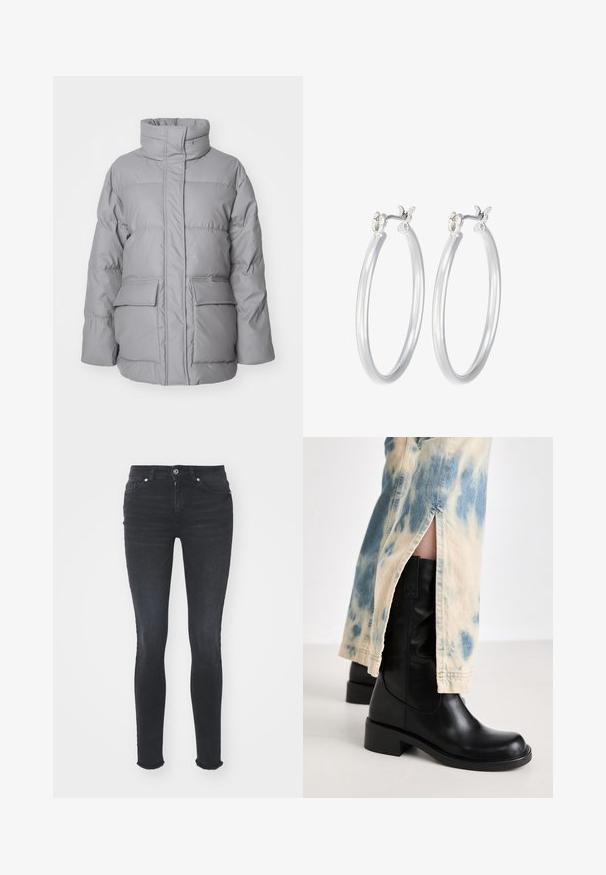 Light gray puffer jacket with a high collar, front zipper, and two large exterior pockets. Smooth texture with horizontal stitching details.; Black long-sleeve bodysuit with a high neck, featuring solid fabric on the torso and sheer mesh sleeves, designed in a fitted shape.; Black denim skinny jeans with a mid-rise waist, five pockets, and frayed hem. The fabric has a smooth texture with slight stretch.; RAID TAILORR - Cowboy/Biker boots - black; Silver hoop earrings with a smooth, polished finish. Round shape and secure click-top closure. Lightweight design suitable for everyday wear.