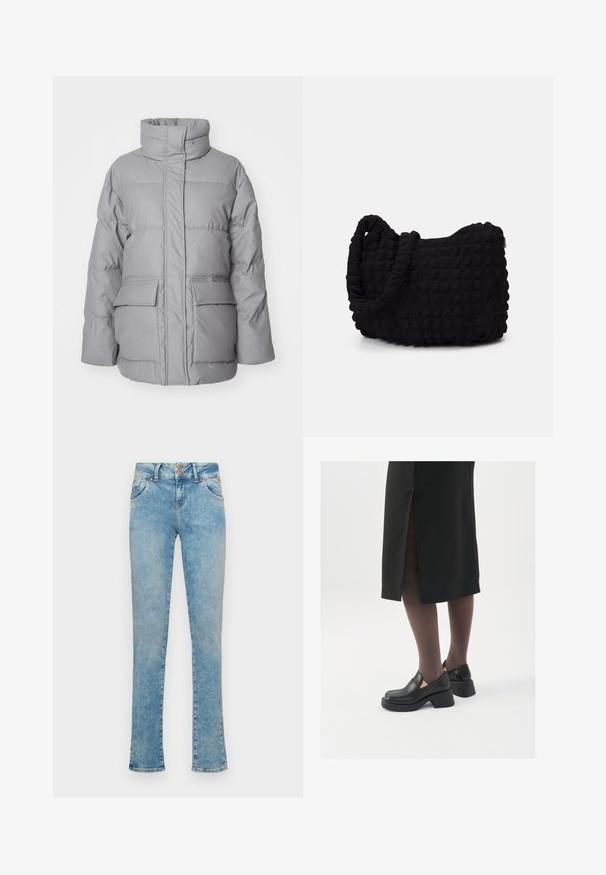 Šviesiai pilkas pūkinis švarkas su aukštu apykakle, priekiniai užtrauktukas ir dvi didelės išorinės kišenės. Lygi tekstūra su horizontaliomis siūlėmis.; Juodas ilgomis rankovėmis bodis su aukštu kaklu, turintis tvirto audinio torso ir permatomų tinklinių rankovių, sukurtas prigludusio silueto.; Šviesiai mėlynos džinsinio audinio kelnės su tiesiu kirpimu, pasižyminčios aukštu juosmeniu, dviem priekinėmis kišenėmis ir sidabro spalvos detalėmis.; Juodos odinės bateliai su apvaliu nosiu, stora blokine pakulne ir elastingais šonais, derinami su tamsiomis pėdkelnėmis ir juoda sijonu su plyšiu.; Juodas audinio maišelis su tekstūruota, siuvinėta raštu. Apvalios formos, trumpi, stori rankenėlės ir minkšta, lanksti struktūra.; Sidabriniai auskarai su sklandžiu, poliruotu paviršiumi. Apvalios formos ir saugus uždarymo mechanizmas. Lengvas dizainas, tinkantis kasdieniam dėvėjimui.