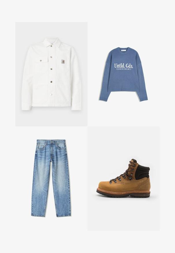 Bela denimska jakna z razprostrtim ovratnikom, sprednjim gumbom, dvema prsoma žepoma in logotipnim oznako na levem žepu.; Modra pletena svetilka z belim napisom "Untld. Gds. KULTURA NAD MEJAMI" na sprednji strani, s šivanim okroglim izrezom, manšetami in robom.; Svetlo modri kavbojke z ohlapnim krojem, ravnim nogavicama, petimi žepi in zbledelim videzom. Imajo zadrgo in gumb na sprednji strani.; Rjava usnjena pohodniška čevlji z teksturirano površino, črnimi semiš podpornimi gležnji, kovinskimi žičkami in trdim črnim gumijastim podplatom.