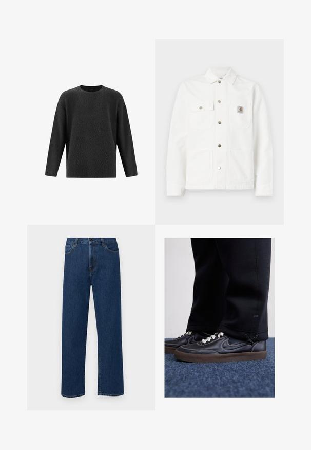 White denim jacket featuring a spread collar, front button closure, two chest pockets, and a logo patch on the left pocket.; Black, textured sweater with a crew neck and long sleeves. Features a loose fit and a soft, fuzzy surface.; Dark blue straight-leg denim jeans with front pockets and a button closure, displayed on a plain white background.; Nike Sportswear KILLSHOT 2 LTR PRM OPP2 - Trainers - black sail baroque brown mtlc dk grey