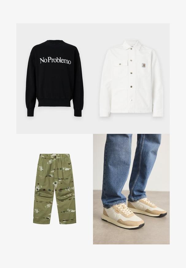 Witte denimjack met een gespreide kraag, sluiting met knopen aan de voorkant, twee borstzakken en een logopatch op de linkse zak.; Zwarte sweatshirt met ronde hals, voorzien van witte tekst "NoProblemo" over de borst. Ribgebreide manchetten en onderrand, zachte stofstructuur.; Groene canvasbroek met een verfspetterpatroon in wit, bruin en donkergroen, voorzien van een elastische tailleband en zijzakken.; Beige en crème sneakers van suède en mesh materialen, met een gestructureerde zool en tonaal accent, gecombineerd met blauwe spijkerbroeken.