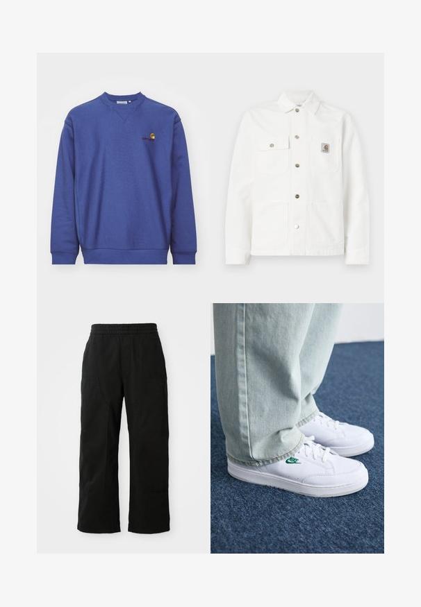 White denim jacket featuring a spread collar, front button closure, two chest pockets, and a logo patch on the left pocket.; Blue fleece sweatshirt with ribbed cuffs and hem. Features a round neckline and a small embroidered logo on the chest. Soft texture.; Black cotton pants with an elastic waistband, wide leg design, and large side pockets. Fabric appears soft with a smooth texture.; White leather sneakers with green Nike logo, round toe, flat sole, paired with light blue denim pants, shown on a blue carpet.