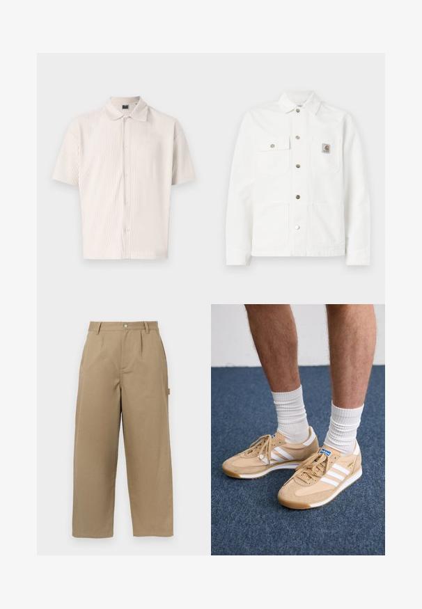 Vit denimjacka med spridd krage, knappstängning fram, två bröstfickor och en logotyp patch på vänster ficka.; Korta ärmar, ljusbeige skjorta med krage och vertikala ränder. Har knäppning fram och avslappnad passform. Mjuk textur.; Beige vida byxor i bomullsblandning, med hög midja, framveck, och två sidofickor med knappstängning.; Beige mockaskor med vita ränder och snören. Har en texturerad ovandel, en mjuk sula och en blå logotags på tungan.