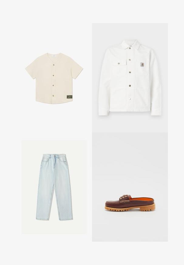 Jachetă din denim alb, cu guler deschis, închidere cu butoane în față, două buzunare pe piept și un patch cu logo pe buzunarul din stânga.; Cămașă cu mâneci scurte, cu nasturi, din material crem. Prezintă un decolteu în formă de V, cinci nasturi maronii și o etichetă verde în colțul din dreapta jos.; Blugi din denim de culoare albastru deschis, cu o croială relaxată, design cu picior drept, stilizare cu cinci buzunare și decolorare subtilă pe material.; Pantof brown din piele, cu vârf rotund, detalii de cusătură texturată, ochiuri aurii și o talpă ridată de culoare bej. Interiorul are o nuanță de portocaliu aprins.