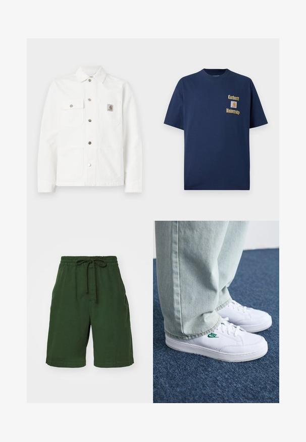 Valge denim-jakk, millel on avatud krae, esimesed nööpide kinnitused, kaks rinna taskut ja logotasku vasakul taskul.; Tume sinine puuvillane T-särk lühikeste varrukatega, millel on kuldne kiri "Carhartt University" ja logo aplikaat vasakul rinnal.; Rohelised puuvillased lühikesed püksid elastse vöökohtaga ja reguleeritava nööriga. Omab külgmisi taskuid ja lõdva istumisega. Sile tekstuur.; Valged nahast tennisetossud rohelise Nike logo ja ümarate varvastega, lamedate taldadega, koos helesiniste teksapükstega, esitatud sinisel vaibal.