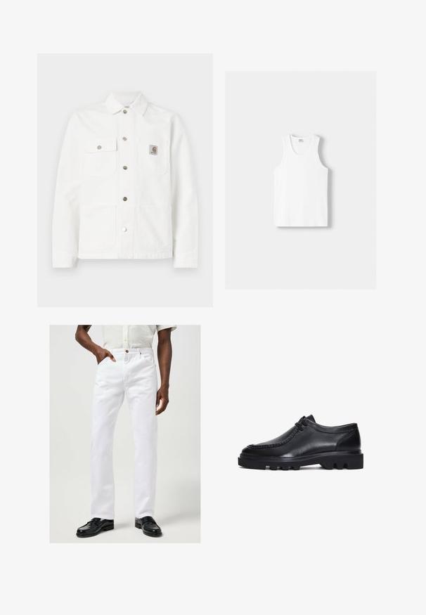 Veste en denim blanc avec col ouvert, fermeture frontale à boutons, deux poches poitrine et un patch logo sur la poche gauche.; Débardeur en coton blanc avec un col rond, de larges bretelles et un ourlet droit, présentant une texture lisse et sans motifs visibles.; Jeans en denim blanc avec une coupe droite, des poches avant, une fermeture à bouton et des coutures contrastées, associés à des chaussures noires.; Chaussures en cuir noir avec un bout rond, des détails cousus et une semelle épaisse et robuste présentant des rainures distinctives. Design à lacets simple.