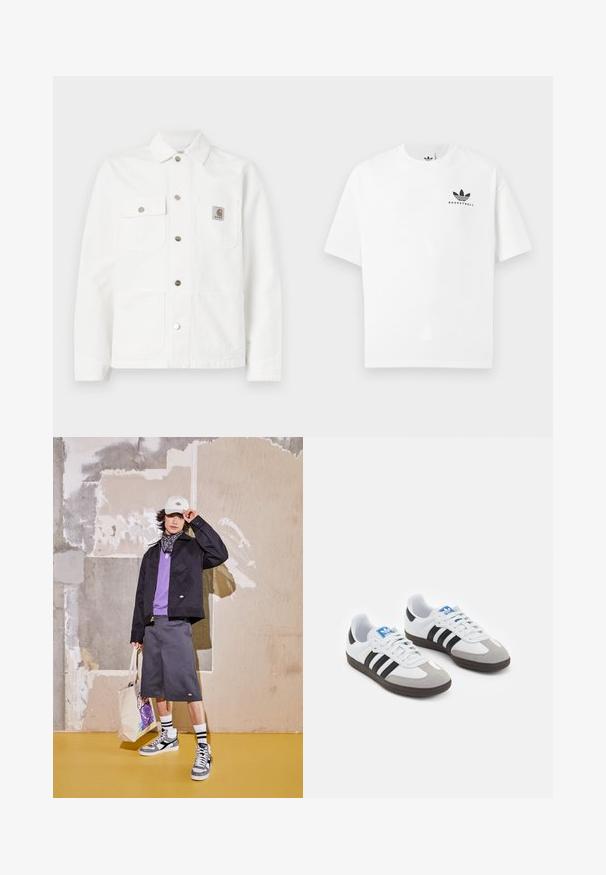 Witte denimjack met een gespreide kraag, sluiting met knopen aan de voorkant, twee borstzakken en een logopatch op de linkse zak.; Witte katoenen t-shirt met korte mouwen, voorzien van een zwart "BASKETBALL" logo en het iconische drie-streependesign aan de voorkant.; Zwarte jas, paarse shirt, grijze short en witte sneakers met grijze accenten. Accessoires zijn een witte pet en een gestreepte tas.; Sportschoenen met een witte leren bovenkant, grijze suède neus en drie zwarte strepen. Bevat een blauw logo op de tong en een gestructureerde rubberen zool.