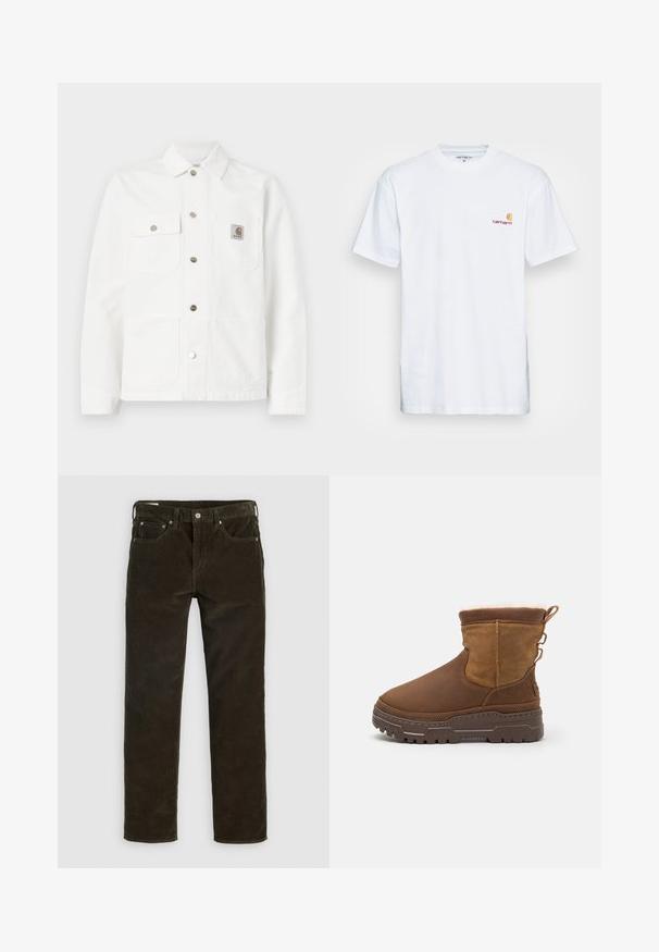 Fehér farmerdzseki, nyitott gallérral, elülső gombos záródással, két mellzsebbel és logóval ellátott folttal a bal zseben.; Fehér pamut póló rövid ujjakkal. A bal mellet egy kis narancssárga és bordó logó díszíti. Klasszikus kerek nyakkivágással rendelkezik.; Barna kordnadrág egyenes szabással, öt zsebbel, látható varrással és texturált anyaggal. Fém gombos zárás a deréknál.; Barna velúr bokacsizmák puha szőrme bélelésse, masszív gumitalppal és díszes oldalszíjakkal a könnyű felvétel érdekében. A felső rész textúrált felületű.