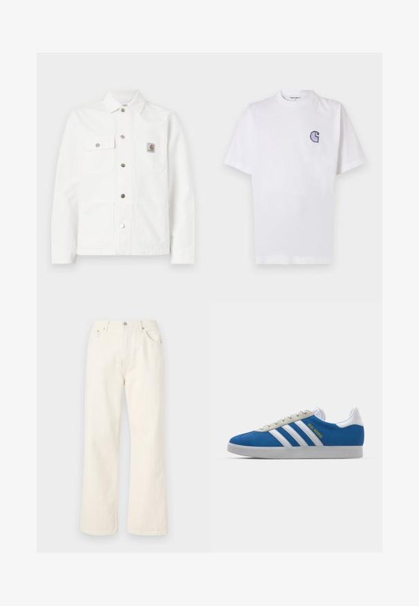 Valkoinen farkkutakki, jossa on leviävä kaulus, edessä nappisulku, kaksi rintataskua ja logopatch vasemmassa taskussa.; Valkoinen puuvillainen lyhythihainen T-paita, jossa pyöreä kaula-aukko ja vasemmassa rinnassa pieni, kirjailtu sininen "C"-logo.; Kermanväriset leveät lahkeet farkut, valmistettu denimistä, joka sisältää standardin viisi taskua -tyylin ja metallinappisuljennan vyötäröllä.; adidas Originals ADIDAS GAZELLE SHOES - Sisäjalkapallokengät - real madrid/bluebird/footwear white/crew yellow