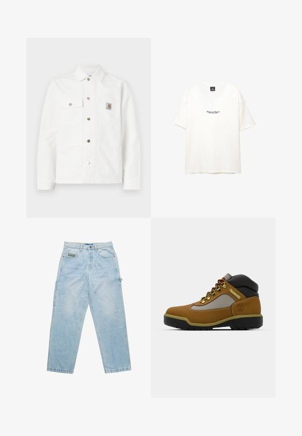 Veste en denim blanc avec col ouvert, fermeture frontale à boutons, deux poches poitrine et un patch logo sur la poche gauche.; T-shirt en coton blanc avec un col rond et des manches courtes. Le devant affiche le texte "Maître des Maîtres" en bleu marine.; Jeans en denim bleu clair avec une coupe ample, design à cinq poches et coutures visibles. Présente une étiquette de marque sur la poche avant.; Botte de randonnée marron avec des accents gris et noirs, tige en cuir texturé, œillets en métal et semelle en caoutchouc robuste pour une meilleure traction.