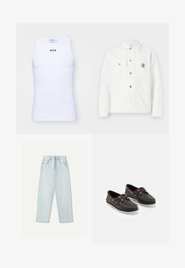 Witte denimjack met een gespreide kraag, sluiting met knopen aan de voorkant, twee borstzakken en een logopatch op de linkse zak.; MSGM Top - optical white; Lichtblauwe denim jeans met een relaxte pasvorm, recht model, vijf zakken en subtiele vervaging in de stof.; Marine leren botenschoenen met gele stiksels, rode veters en zilveren oogjes; ronde neus; witte rubberen zool.