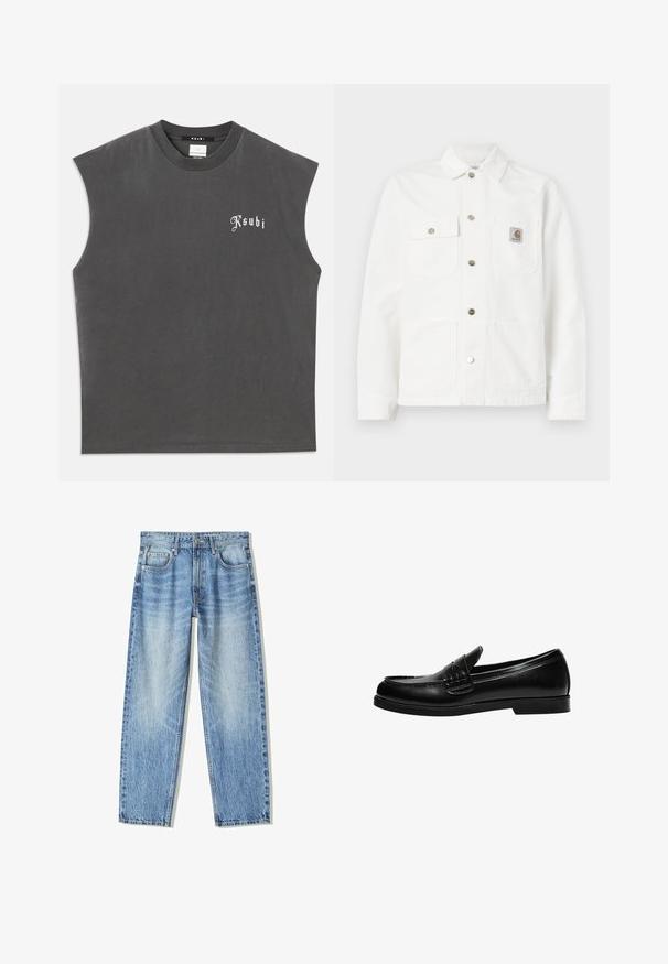 Biała kurtka dżinsowa z rozkładanym kołnierzem, zapinana na guziki z przodu, z dwoma kieszeniami na piersi oraz naszywką z logo na lewej kieszeni.; Szara bezrękawnikowa koszulka z okrągłym dekoltem, z białym logo "Ksubi" z przodu. Wykonana z miękkiej bawełny o luźnym kroju.; Jasnoniebieskie dżinsy o luźnym kroju, prostych nogawkach, pięcioma kieszeniami i wyblakłej fakturze. Zawierają zamek błyskawiczny i zapięcie na guziki z przodu.; Czarne skórzane mokasyny o gładkim wykończeniu, z detalem przeszycia na cholewce i niską, solidną czarną gumową podeszwą.