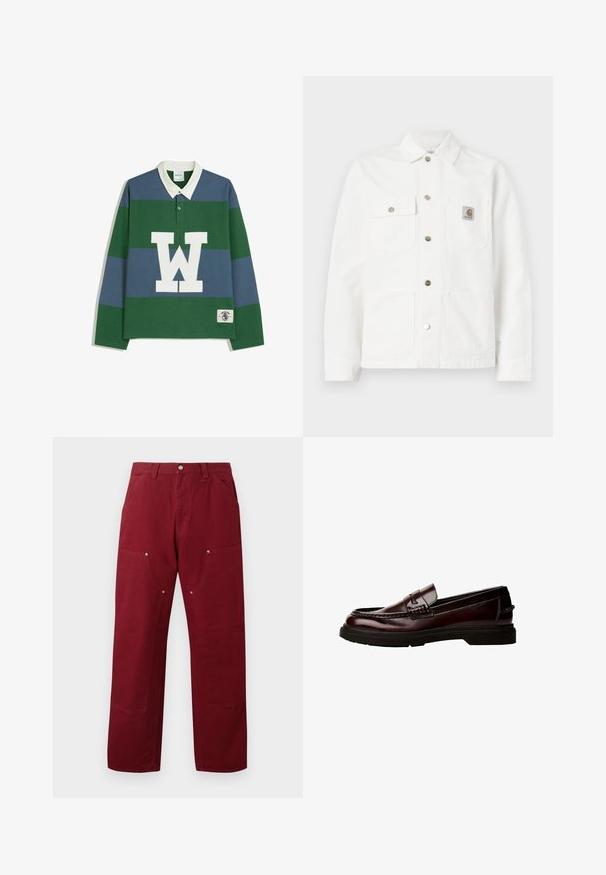 Valkoinen farkkutakki, jossa on leviävä kaulus, edessä nappisulku, kaksi rintataskua ja logopatch vasemmassa taskussa.; Pitkähihainen polo-paita, jossa on vaaka raidat vihreänä ja sinisenä, valkoinen kaulus ja suuri valkoinen "W"-logo etupuolella, sekä etikettiyksityiskohta.; Burgundin väri puuvillapantsit suoran leikkauksen omaavat, joissa on kaksi etutaskua, hopeiset yksityiskohdat ja polvikorostukset. Sileä pinta, keskikokoinen paino.; Ruske nahkasaappaat pyöreällä varpaalla, yksityiskohtaisella ompeleella ja kumipohjalla. Ominaisuuksiin kuuluu koristeellinen hihna, sileä pinta.