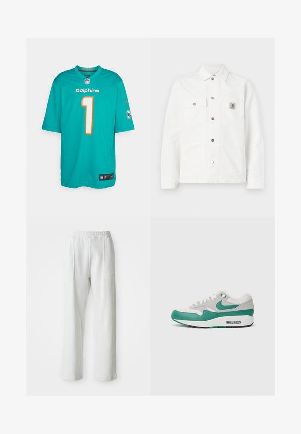 Bela denimska jakna z razprostrtim ovratnikom, sprednjim gumbom, dvema prsoma žepoma in logotipnim oznako na levem žepu.; Miami Dolphins majica v teal barvi z oranžnimi akcenti, s številko "1" v beli barvi. Izdelana iz lahkega materiala z kratkimi rokavi in mrežastimi stranicami.; Bele udobne hlače z elastiko v pasu in velikima sprednjima žepoma, prikazane na enostavni svetli podlagi.; Nike Air Max 1 športni čevlji z zgornjim delom iz sive mrežice, zelenimi usnjenimi detajli, belimi vezalkami in vidno zračno enoto v podplatu.
