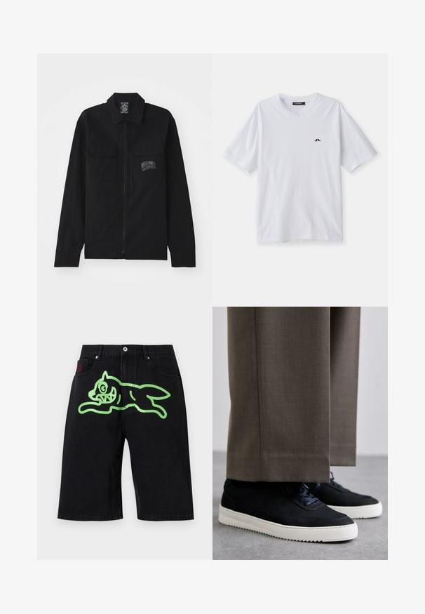Billionaire Boys Club ARCH LOGO - Lichte jas - black; Witte katoenen t-shirt met een ronde hals en korte mouwen, voorzien van een klein zwart logo op de borst. Glad textuur en comfortabele pasvorm.; Icecream RUNNING DOG - Jeansshort - black denim; Zwarte suède sneakers met witte rubberen zolen, voorzien van een ronde neus en veters, gedragen met grijze tailored broek.