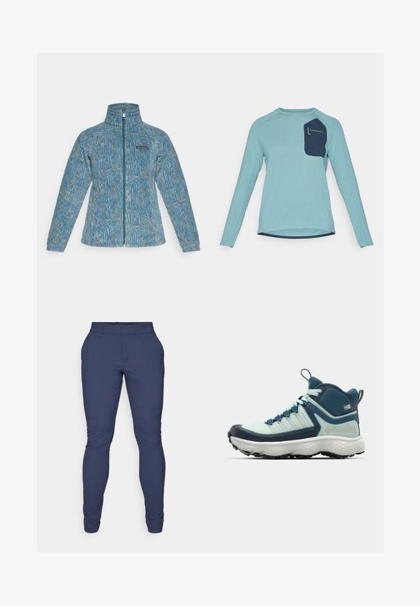 Fleecejakke i lys blå med et strukturert bølgemønster i beige. Har full glidelås og stående krage. Logo-patch på brystet.; Langermet skjorte i lys blå teksturert stoff. Har en marineblå lomme med merke. Rund halslinning og buet hemdesignet.; Marinebukser laget av et glatt, elastisk stoff. Har en smal passform, flat front og avsmalnede benåpninger. Ingen synlige dekorasjoner.; Herre tursko i lys teal og marineblå. Har et teksturert ytre, formet gummikappe ved tåen, og aggressiv såle for trekkraft.
