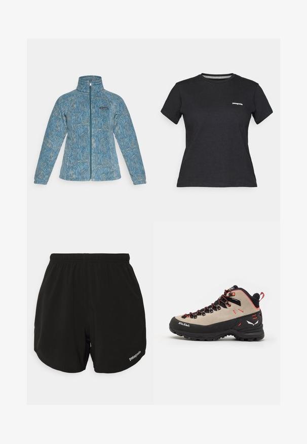 Fleecejakke i lys blå med et struktureret bølgemønster i beige. Har fuld lynlås og høj krave. Logo-patch på brystet.; Sort bomulds T-shirt med rund hals og korte ærmer. Har et hvidt "Patagonia" logo på venstre bryst.; Sorte træningsshorts med elastisk talje, der har en buet kant, sidelommer og et lille hvidt "Patagonia"-logo nederst til højre.; Herrehikingstøvler med en overdel i beige ruskind, sort gummisål, røde detaljer og snørebånd for en sikker pasform.