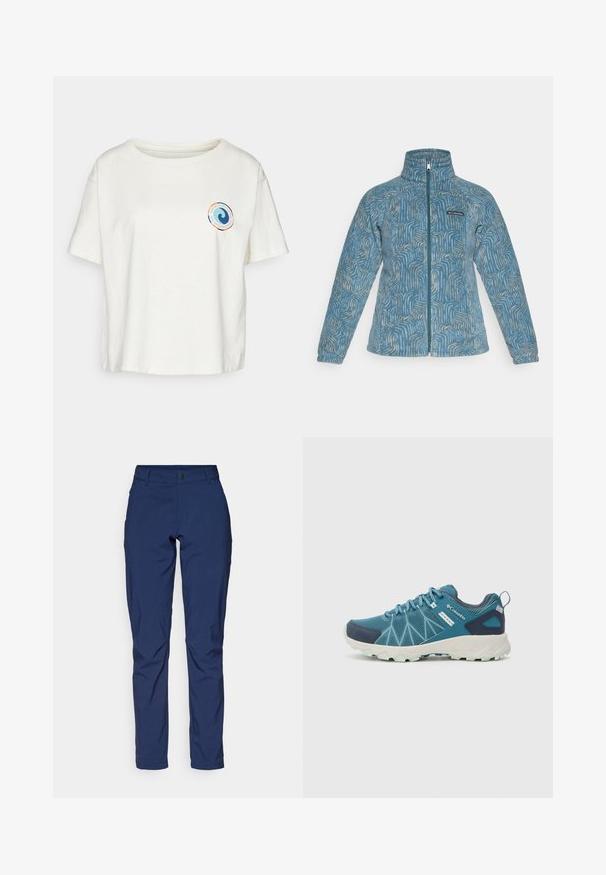 Fleecejacke in Hellblau mit einem strukturierten Wellenmuster in Beige. Verfügt über einen vollständigen Reißverschluss und einen Stehkragen. Logopatch auf der Brust.; Patagonia UNITY FITZ EASY CUT RESPONSIBILI-TEE - T-Shirt print - birch white; Navyblaue Hosen aus glattem Stoff, mit klassischem Schnitt, Taschen vorne und einem Reißverschluss mit Knopfverschluss.; Columbia PEAKFREAK™ II OUTDRY™ - Hikingschuh - blue heron/skylight