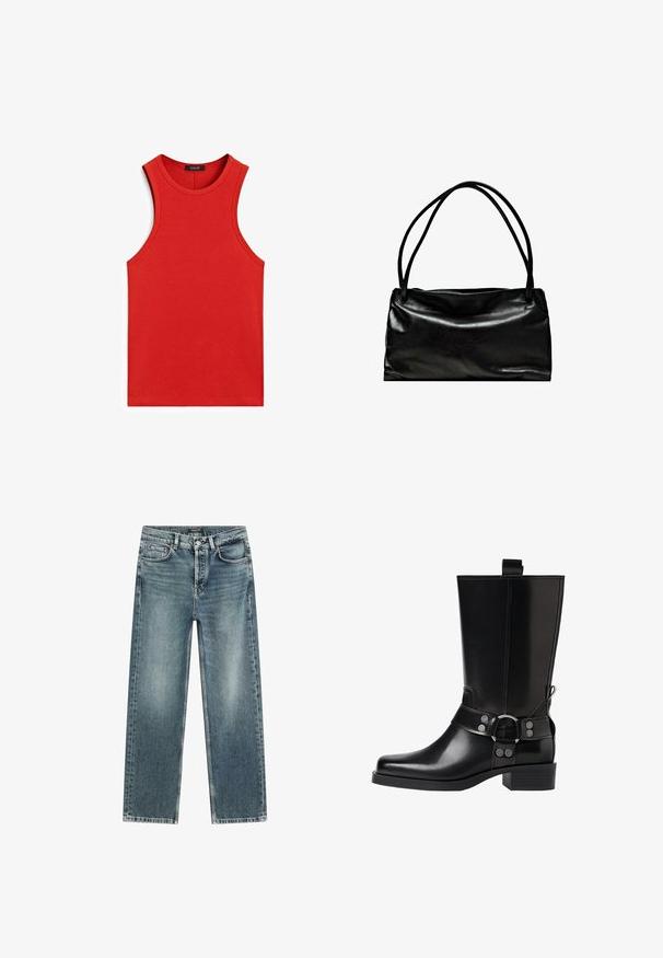 Schwarze Lederjacke mit strukturiertem Design, ausgestattet mit spitzem Kragen, Vordertaschen und gerippetem Saum. Glatte Textur und klare Linien.; Roter Pullover mit langen Ärmeln aus weichem Strickmaterial. Verfügt über einen Rundhalsausschnitt und gerippte Bündchen. Einfaches Design ohne sichtbare Muster oder Beschläge.; Rotes geripptes Tanktop mit rundem Ausschnitt und ärmellosem Design. Glatte Textur und figurbetonte Form, ohne zusätzliche Muster oder Akzente.; Hellblaue Denim-Jeans mit geradem Bein, fünf Taschen und subtilen Verwaschungen. Sie verfügen über einen oberen Knopf und einen Reißverschluss, sowie weiße Nähte als Akzent.; Schwarze Lederstiefel bis zum Knie mit spitzer Zehenform, silbernen Schnallenakzenten und einem klobigen Absatz. Verfügt über eine Zuglasche für einfaches Anziehen.; Schwarze Lederhandtasche mit einer glatten Oberfläche, rechteckiger Form und zwei langen Griffen. Einfaches Design ohne sichtbare Beschläge oder Verzierungen.