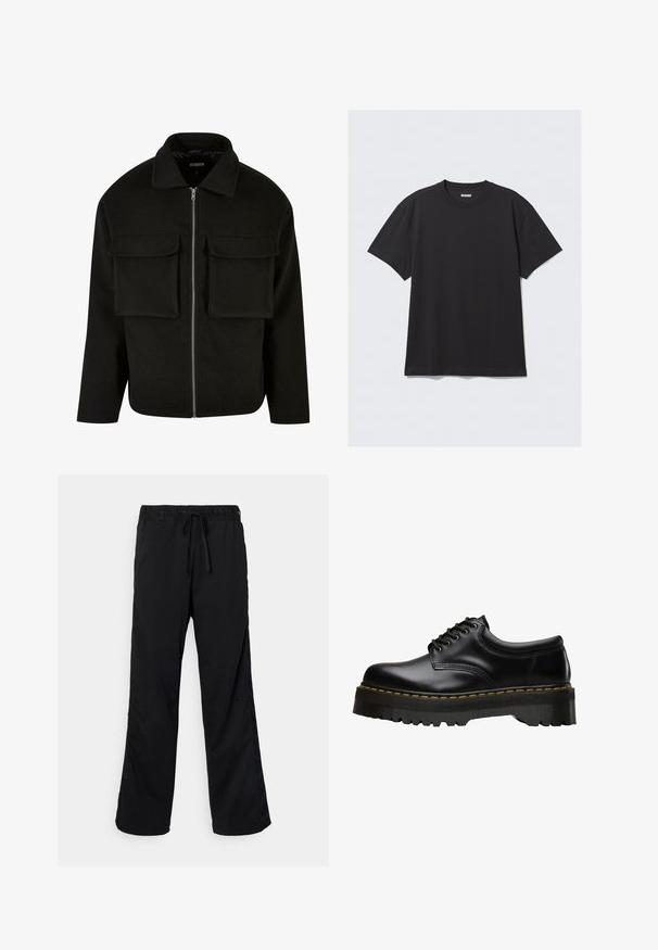 Czarna kurtka z zamkiem błyskawicznym, wykonana z teksturowanej tkaniny, z kołnierzem, wyposażona w dwie przednie kieszenie naszywane i o prostym kroju.; Czarna koszulka z krótkim rękawem wykonana z bawełny. Posiada okrągły dekolt i luźny krój. Prosty design, bez widocznych wzorów czy akcentów.; Czarne spodenki sportowe z elastycznym pasem, z troczkiem i bocznymi panelami. Wykonane z lekkiego materiału, z logo z boku.; Czarne skórzane buty sznurowane z grubą, ząbkowaną czarną gumową podeszwą i żółtym przeszyciem wzdłuż krawędzi, charakteryzujące się gładkim wykończeniem.
