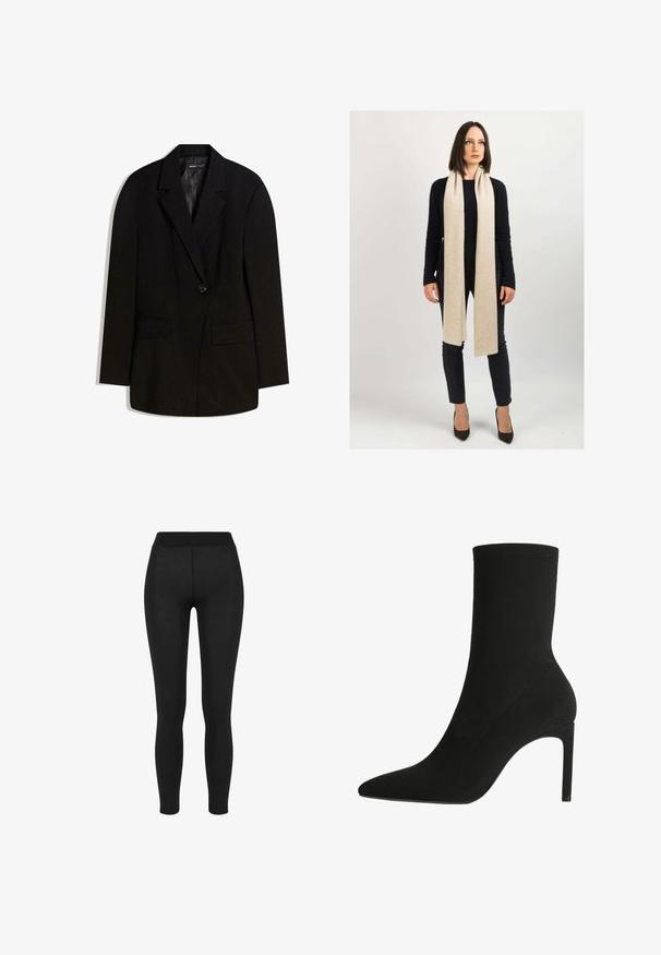 Zwarte blazer gemaakt van een gladde stof, met een enkele knoopsluiting, twee voorzakken en een revers ontwerp.; Witte geribbelde tanktop met een ronde halslijn en brede bandjes. Zachte stoftextuur en gestikte randen. Eenvoudig, getailleerd ontwerp.; Zwarte leggings met een gladde stof, hoge tailleband, nauwsluitend ontwerp en geen zichtbare naden, geschikt voor casual of actieve kleding.; Zwarte enkelboot gemaakt van zachte suede, met een spitse neus en hoge stilettohak. Minimalistisch ontwerp zonder zichtbare hardware of patronen.; Dalle Piane Cashmere Sjaal - beige