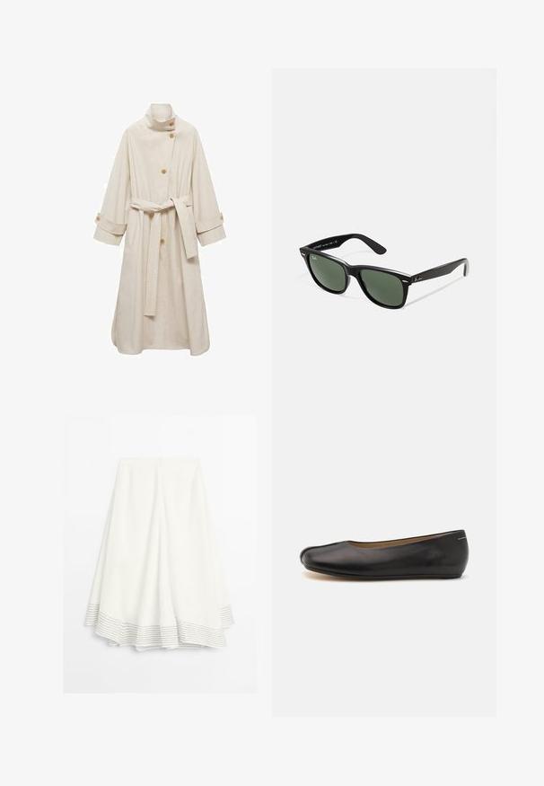 Beige trench coat with a high collar, three buttons, a self-tie belt, and rolled cuffs. Features two side pockets and a smooth, textured fabric.; Gray sweater made from a soft knit material, featuring a round neck, ribbed cuffs, and a relaxed fit. Paired with a black skirt.; White midi skirt with a flared hem featuring thin horizontal black stripes, and a zipper closure at the back.; Black leather ballet flat with a rounded toe, smooth texture, low profile, and minimalistic design, featuring a subtle seam detail.; Black plastic sunglasses with green lenses, square frames, silver accent on the brow, and textured temple arms. Stated brand on inner arm.; Liebeskind Berlin KAYLA SATCHEL - Handbag - schwarz; Silver chain necklace featuring a central, octagonal, dark brown tiger's eye stone with a smooth texture. The stone is slightly glossy.